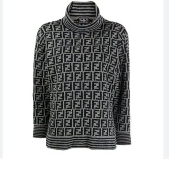 Fendi Vintage Gray & Black Zucca Monogram Wool Funnel Neck Sweater 4/6 US - Picture 1 of 6